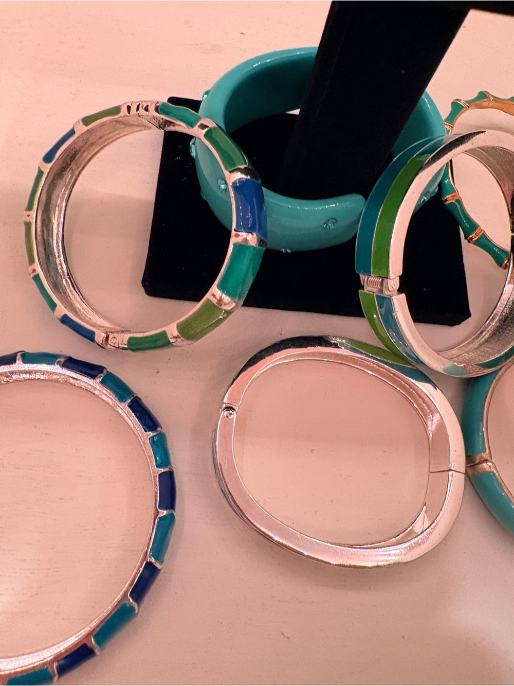 Teal and Turquoise Enamel Bangle Bracelet Set - Women's Jewelry - Picture 5 of 6